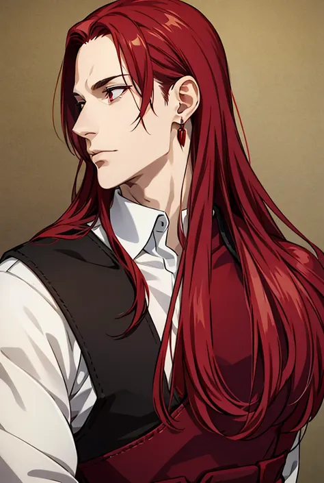 high resolution, high resolution, long hair, red eyes, earrings, mature male, 1male, solo, dark red hair, fantasy, fantasy cloth...