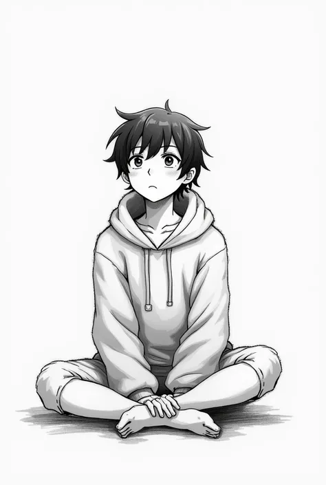 ### Descriptive Tags expressionless, black hair, casual clothing, hoodie, sitting pose, looking down, monochrome background, soft lighting, quiet atmosphere, sketch style, drawing ### Caption "A boy , wearing a hoodie, eye up, sits quietly looking up in a ...