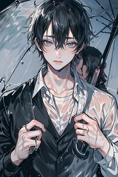 (Mastepiece)、(Best Quality)、Very detailed、((Two wet men:1.5))、((Straight face:1.4))、Perfect Face、Beautiful Face、Very detailedな顔、Black Hair、Gray Hair、Wet white shirt、rain、umbrella