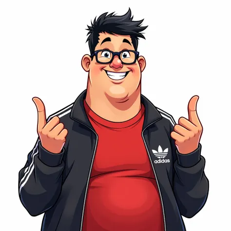 DC Comics Cartoon-style image of a slightly Portly youngman about 30 years old, with short hair black hair and smiling glasses in manga style, and making a minihardhand. He wore a red Liverpool shirt on the inside, a black Adidas jacket on the outside, The...