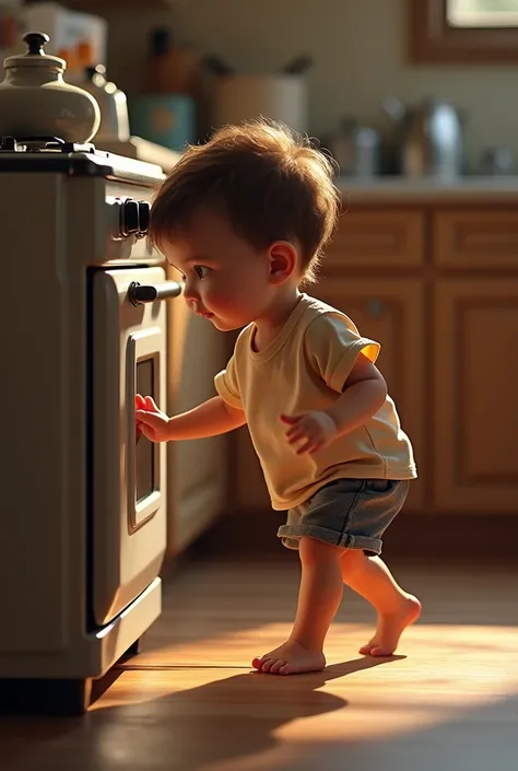 (photorealism:1.2), child playing near the stove