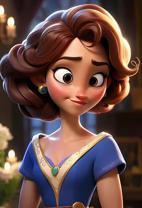 "Create a pixar-style character/Disney inspired by the image provided. The character must be a confident and elegant woman, with long, Wavy blonde hair, that fall on your shoulders. She&#39;s warm;, Olhos castanhos expressivos., with delicately arched eyeb...