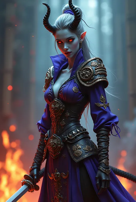 (best quality,4k,8k,highres,masterpiece:1.2), ultra-detailed, (realistic,photorealistic,photo-realistic:1.37), terrifying pale blue vampire girl with the appearance of a samurai, possessing a beautiful face and slender body, holding a sword. demonic, samur...