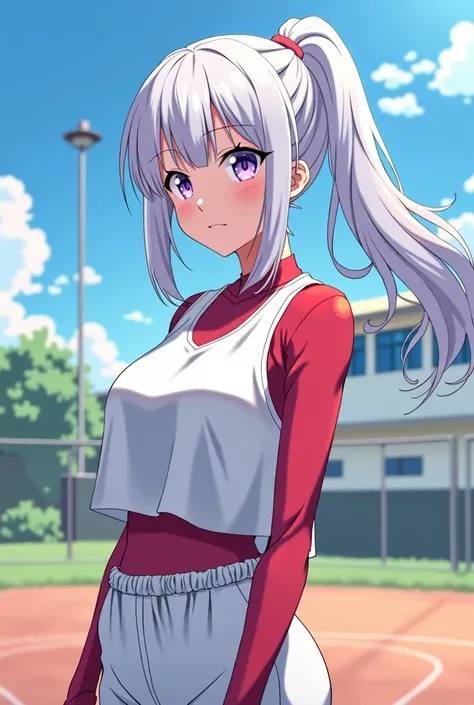 HD、Animation style、white hair 、Purple Eyes、girl、High school student 、single ponytail、Baseball player、light colored clothes、Long sleeve red underwear、plump breasts、Refreshing