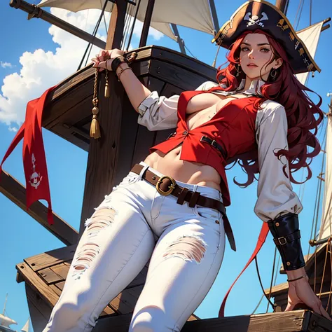 one singular 40-year-old woman, with long curly red hair, skinny super muscular athletic body, small boobs, hard nipples barely cover by an semi open white blouse, wearing flared jeans very low on the hips, pirate vest, pirate hat, in front of a ship, is a...