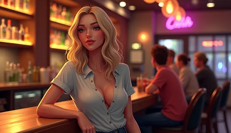 A blonde woman with wavy hair sitting elegantly at a bar, wearing a well-fitted, casual shirt that subtly accentuates her medium-sized chest. The shirt is simple and modest, but the fit highlights her natural curves in a tasteful way. She is seated at the ...