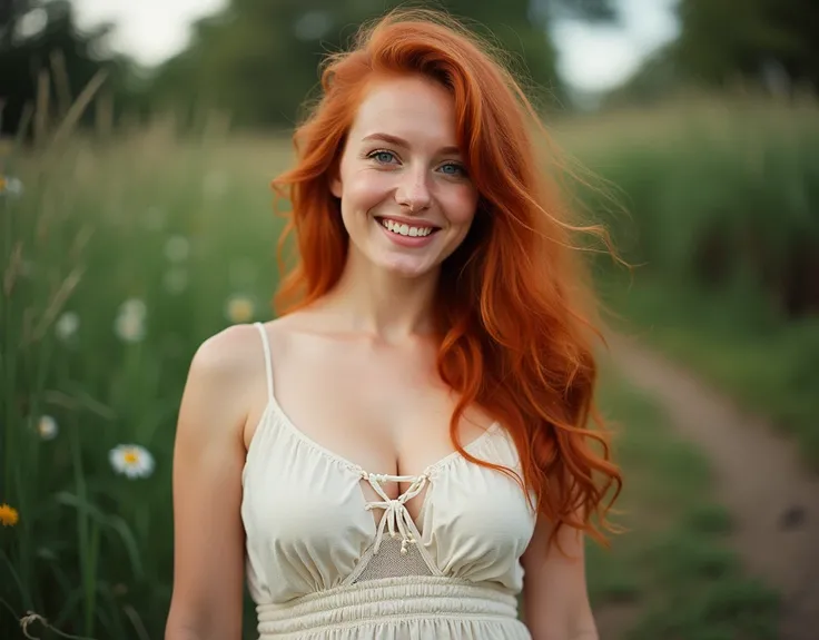 A beautiful, very plump young redhead with blue eyes in a summer dress photographed on Kodak Gold 400 film.  She is smiling, (((breasts big)))