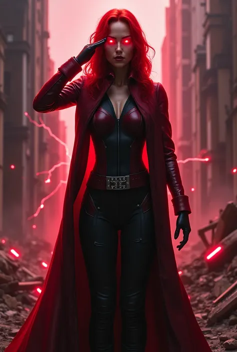 Black widow hypnotized by Scarlett witch, Scarlett witch standing behind black widow, black widow standing with her back to Scarlett witch, black widows eyes glow red, Scarlett witchs hand holding black widows head with red lightning aura in her hand, blac...