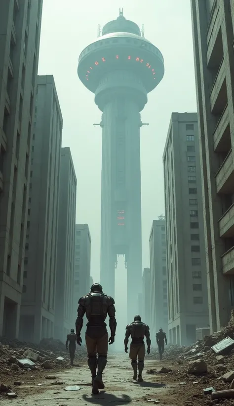 a huge futuristic brutalist soviet architecture, dystopian cityscape, giant floating object in the sky with red lights, dark atmosphere, destroyed street, aerial view, cyborg humanoids, wearing used human clothes, controlling population