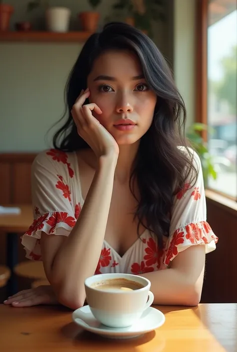 A dark-haired woman in her thirties, wearing a white dress with a red floral pattern, sits in an inexpensive cafe and smiles, posing for Instagram