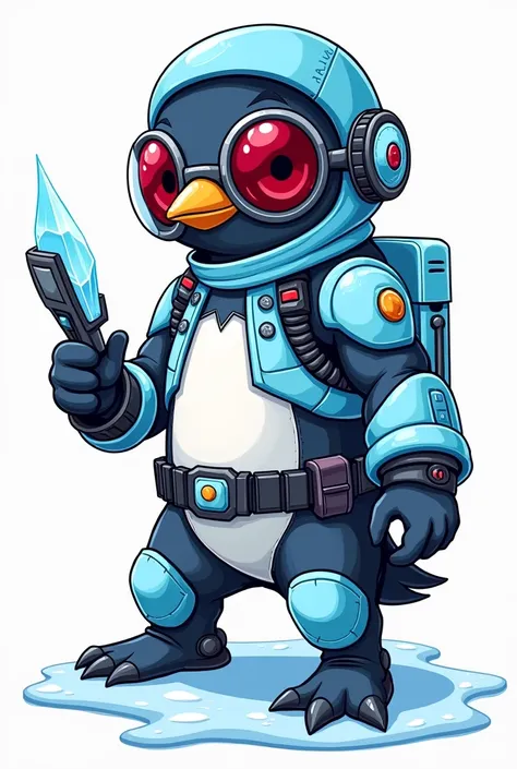 I want a picture of a cool penguin in Mr Freeze&#39;s suit that is a 2d drawing , Remember to add the characteristic glasses that are round and have deep red crystals that cover their eyes. , The suit must have a helmet made of glass which must cover the e...