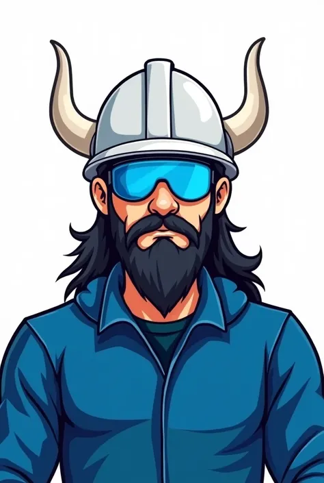 The best logo, portrait cartoon, In the front view is a portrait of a viking wearing safety helmet color white, front view photo, Set a strong contrast that accentuates the subject, Wearing a modern safety sunglasses, Clothes all in blue color, white backg...