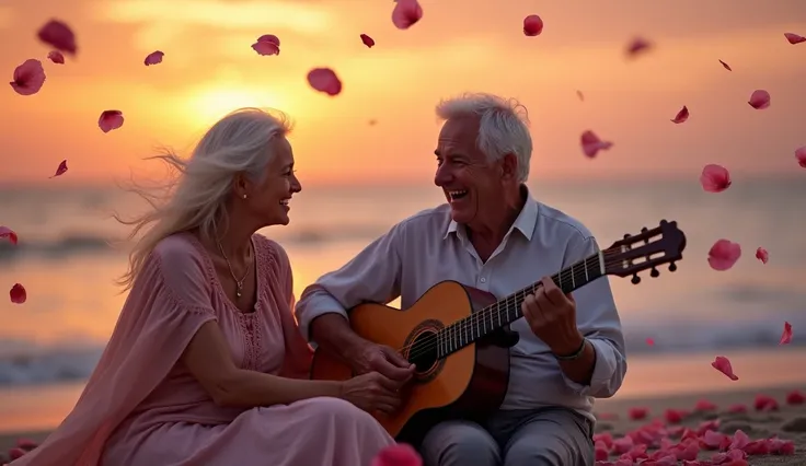 ((best quality)), ((masterpiece)),(detail), perfect face, full body shot of a old couple passionately playing the guitar by the beach, a purple sunset, white hair, rose petals flying across the sky, with setting sun, romantic style, retro vintage and roman...