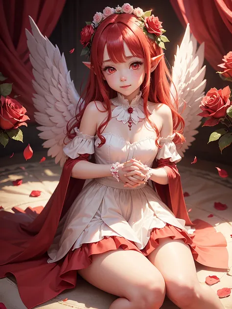 cute little angel, red Rose, red hair, pink eyes, Red dress Pointy ears dress made of petals leaves Rose Smile gently、Sitting 、Gaze,、Pink eyes, Sparkle Effect, Pointy Ears, Big angel wings