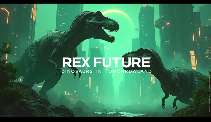 "Create a visually stunning YouTube banner for the channel Rex Future: Dinosaurs in Tomorrowland with a cinematic movie poster style. The banner should blend futuristic elements with dinosaur imagery, using a color scheme of neon green and futuristic silve...