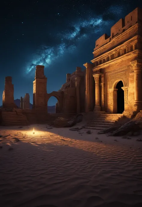 an alien desert with ancient ruins and a starry sky. Contrast royal tones with deep shadows and glowing accents.