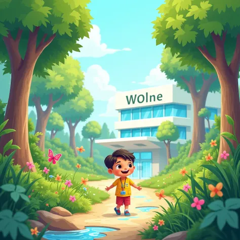 Make me a cartoon of a child walking through something very healthy in a hospital