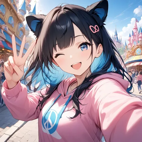 cheered up、((Shockingly absurd)),(masterpiece:1.2),超High resolution, Attention to details, high quality, High resolution, 最high quality, 4k, 8k、Girl taking a selfie、peace sign、by the wide、black fur、blue eyes、(((Wink)))、pink hoodie、in the theme park、black s...