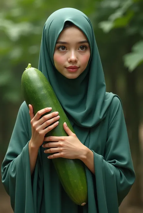 A beautiful women hijab girl was carrying a big cucumber.