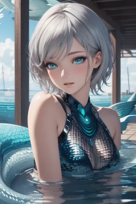 (((siren))), best quality, highly detailed, masterpiece, 8k,   photorealistic, realistic, detailed skin texture, HDR, natural lighting, silver short hair,