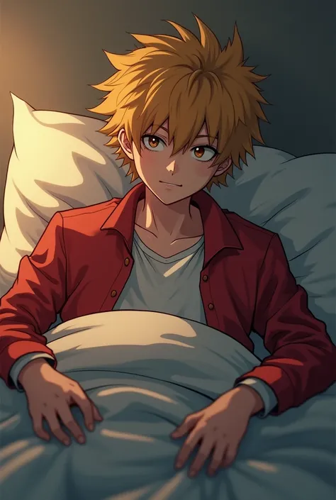 Katsuki bakugo sitting on a bed being cute
