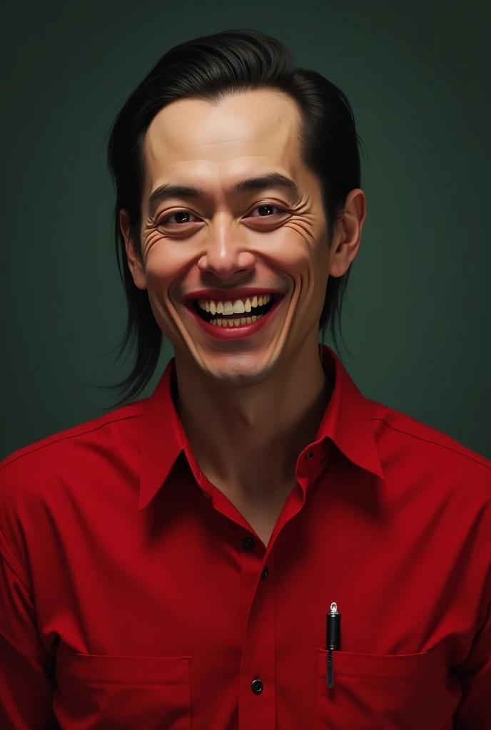 Man with crooked teeth and a macabre smile, straight hair to the side and a red dress shirt and a pen in his shirt pocket 