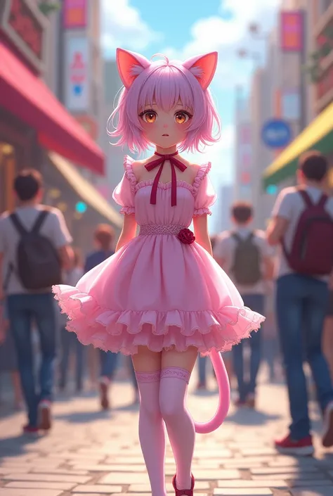 Catboy crossdressing as a girl in public.