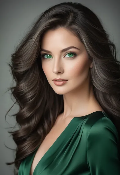 create an image of a confident woman exuding elegance and charm (((dark green|gray eyes))), with flowing hair and striking green...