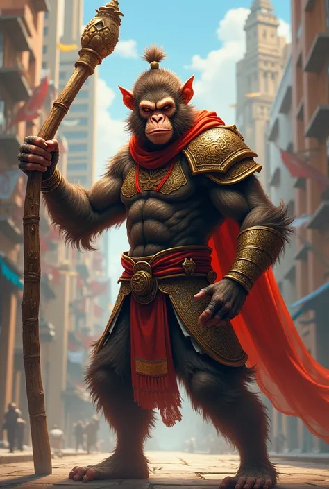 Sun Wukong holding a stick and Barcelona armor 