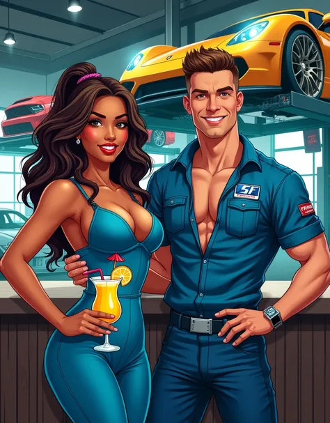 image type bande dessinée, environnement : bar à cocktail dans un atelier de réparation automobile, voitures de sport sur des ponts élévateurs, personnage 1 : barmaid devant le bar, peau métissée, habillée en bleu de travail sexy, gros seins, sert une pina...