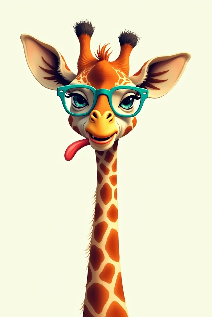 I want an illustration of a giraffe facing forward with its tongue sticking out to the left and turquoise glasses.