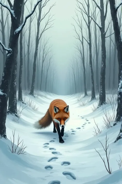 A scene of a vast, frozen forest covered in snow. A lone, thin fox with a reddish-brown coat is walking slowly, looking tired and hungry. The trees are bare, and the ground is blanketed in thick snow, making it difficult to find food. The sky is overcast, ...