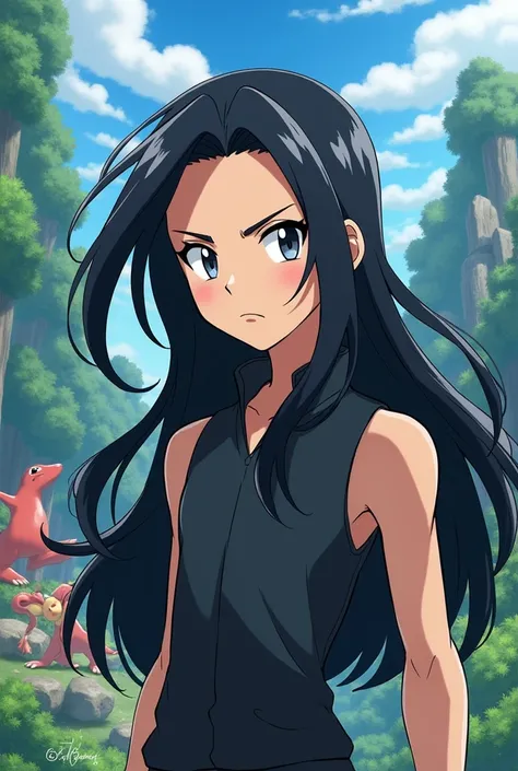 Male character with long black hair, pokemon anime style 