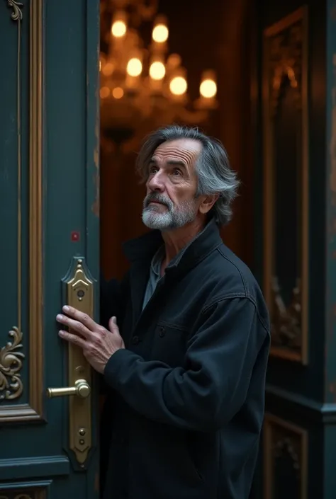 Image of a 40-year-old man with not so many grey hairs being rejected at a door with his dream of being a theatre actor 