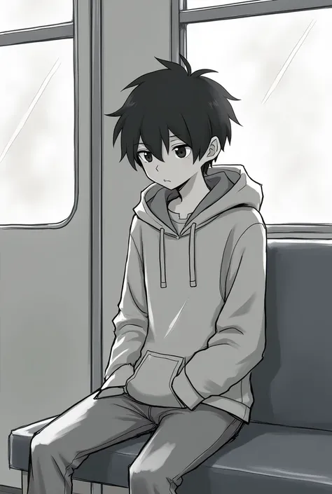 ### Descriptive Tags expressionless, black hair, casual clothing, hoodie, sitting pose, looking down, monochrome background, soft lighting, quiet atmosphere, sketch style, drawing ### Caption "A boy , wearing a hoodie, looking out like youre inside a train...