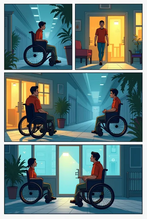 in a comic story version of two wheelchair , one withLack of built-in lighting and another with Installation of integrated lighting system. In 10 slides of single a4 sheet
