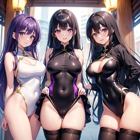 (Cute eyes:1.2), (Sparkling eyes:1.2), Highest quality,wonderful,Detailed,Highly detailed CG Unity 8k wallpaper, (Stand in line:1.2), (3 girls, Cute eyes, Black Hair, Purple eyes, Long Hair, High leg swimsuit , Dressed), (Chest), (I can hear:1.1), (Long To...