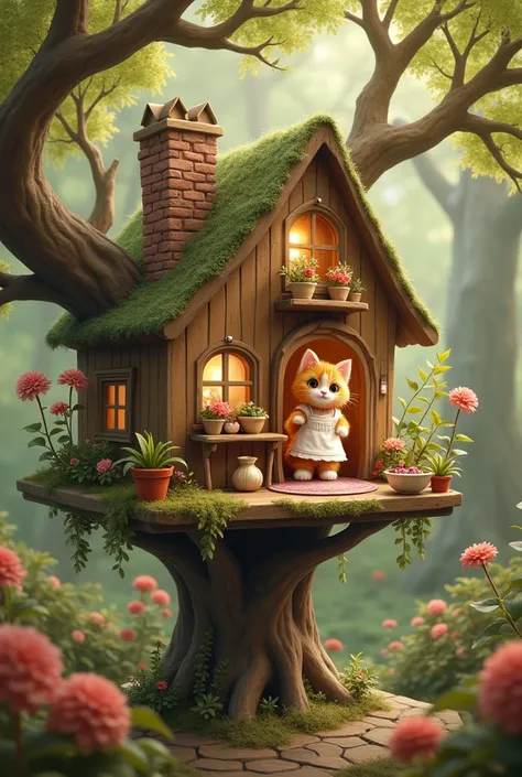 A cute cat in a tree house doing a house work in her little home in a whisker wonderland