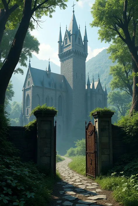 Ancient castle with tall spires and thick stone walls, surrounded by dense forest and overgrown vegetation, with an old rusty gate at the entrance."