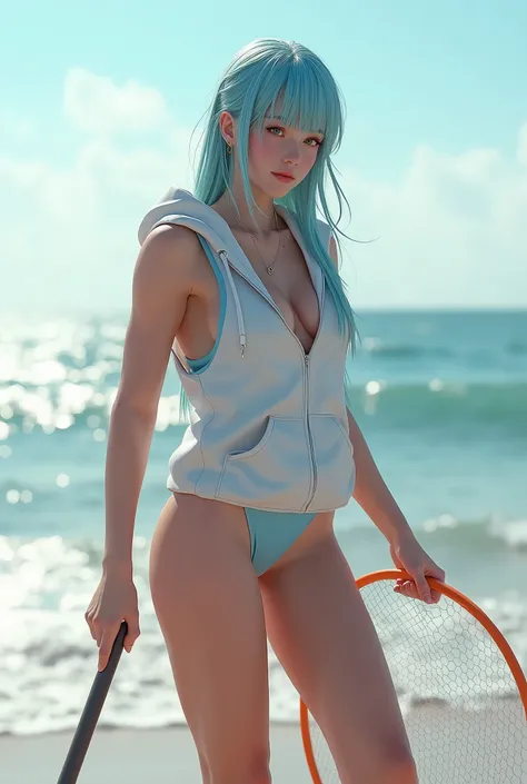 sporty, Straight long hair, Light blue sleeveless hoodie, Athletic Top, fit, muscles are defined, There are no visible accessories, Relaxed pose, Are standing, one hand holding a Net, Place your other hand near your face, Look to the side, Outdoor beach, N...