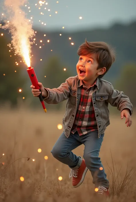 Real photo of a boy playing with rockets and fireworks 