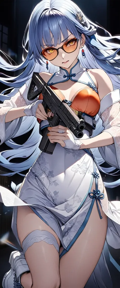 masterpiece、Highest quality、Ultra-high resolution、Maximum resolution、Very detailed、Professional Lighting、anime、Adult female、thin、so beautiful、、White cheongsam、White Chinese clothing、sexy Chinese dress、Deep slit、He has a gun、Holding a handgun in both hands、...