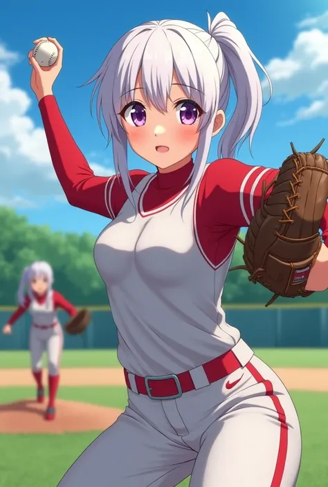 HD、Animation style、white hair 、Purple Eyes、girl、High school student 、single ponytail、Baseball player、light colored clothes、Long sleeve red underwear、plump breasts、pitching、Gloves