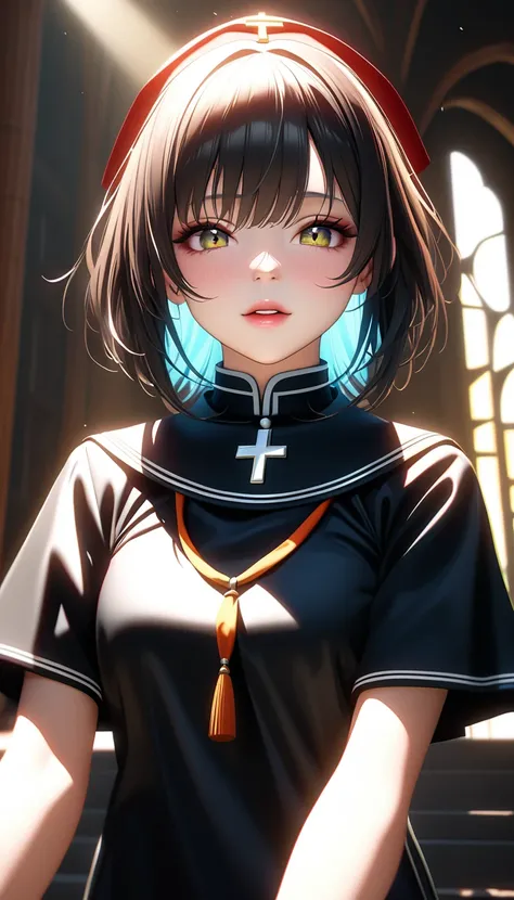 "Create an ultra-high resolution image with photorealistic details, 8K quality, sharp focus, and impeccable lighting. Utilize advanced rendering techniques, ray tracing, and global illumination for maximum realism."、Naughty Sister、Obscene Monk Fuku、Priest