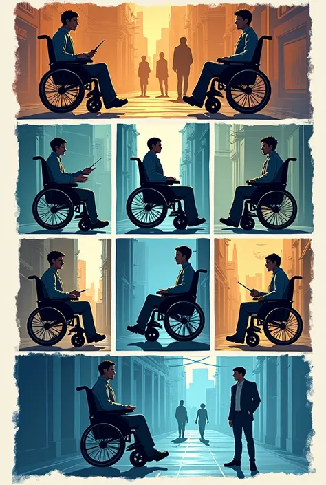 in a comic story version of a wheelchair with  lighting system and a normal one. In 10 slides of single a4 sheet
