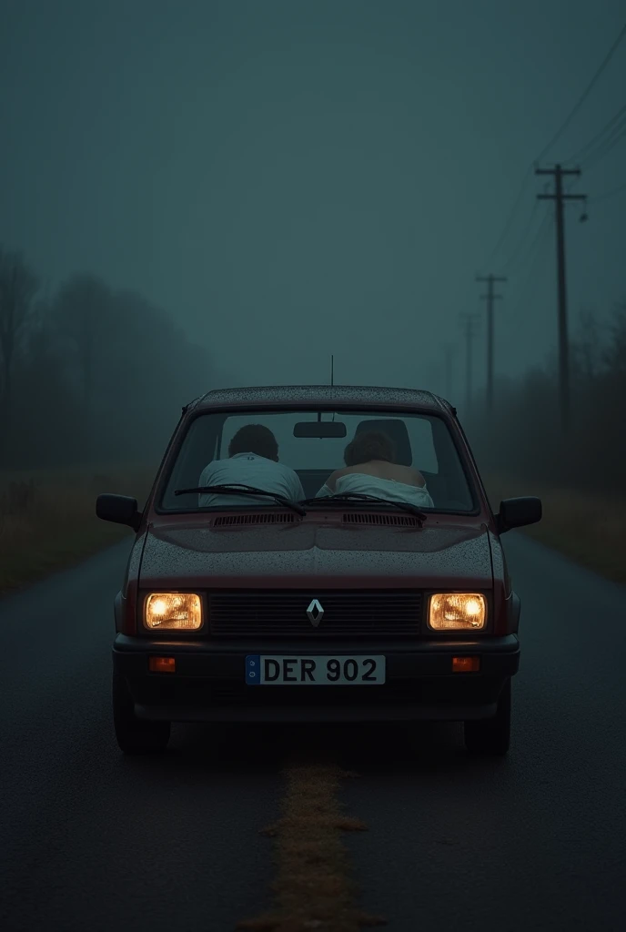 I need you to recreate the image of a boy and a girl lying half-naked on top of each other in the back seats of a Renault Logan, with the windows very fogged up and nothing can be seen outside, that the radio is on, The car parked in the middle of a dark a...