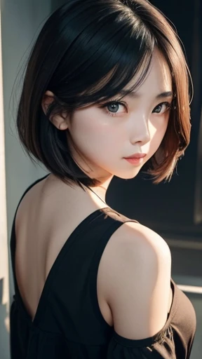 a girl who has short, beautiful shoulder-length hair and eyes that have the impression of a sharp gaze and has a cheeky and indifferent facial gesture、(body shot)