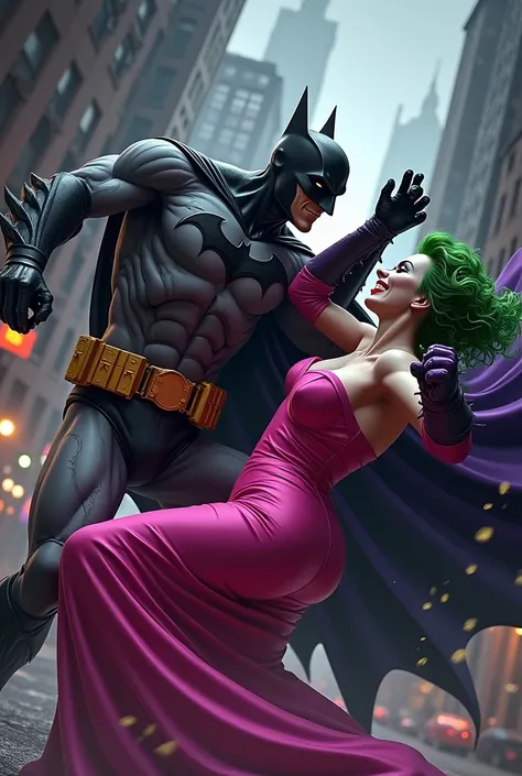 The Joker punching Batman in a pink dress