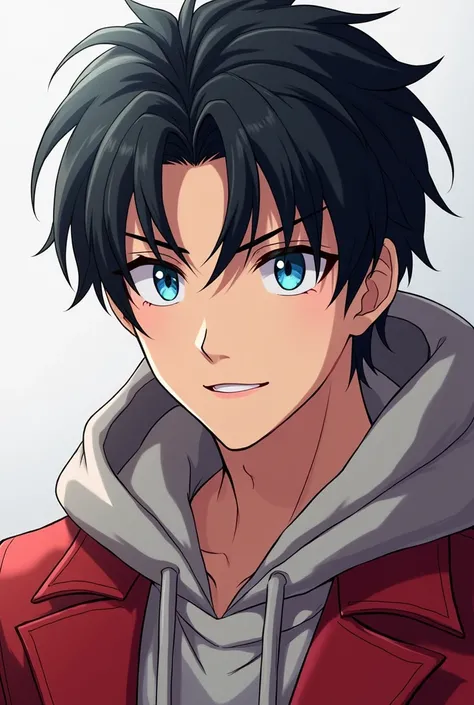 A handsome and good-looking man who is 1, his eyes are light blue and his hair is very black and he wears a red jacket and a whitish gray hood (Please draw the anime version).