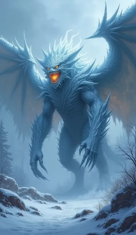 "Picture the Blizzard Beast as a terrifying, wintry monstrosity born from the darkest heart of a blizzard. Depict it with:

- A body composed of twisted, icy tendrils and jagged snowflakes, like a living embodiment of frostbite
- Eyes that glow like embers...